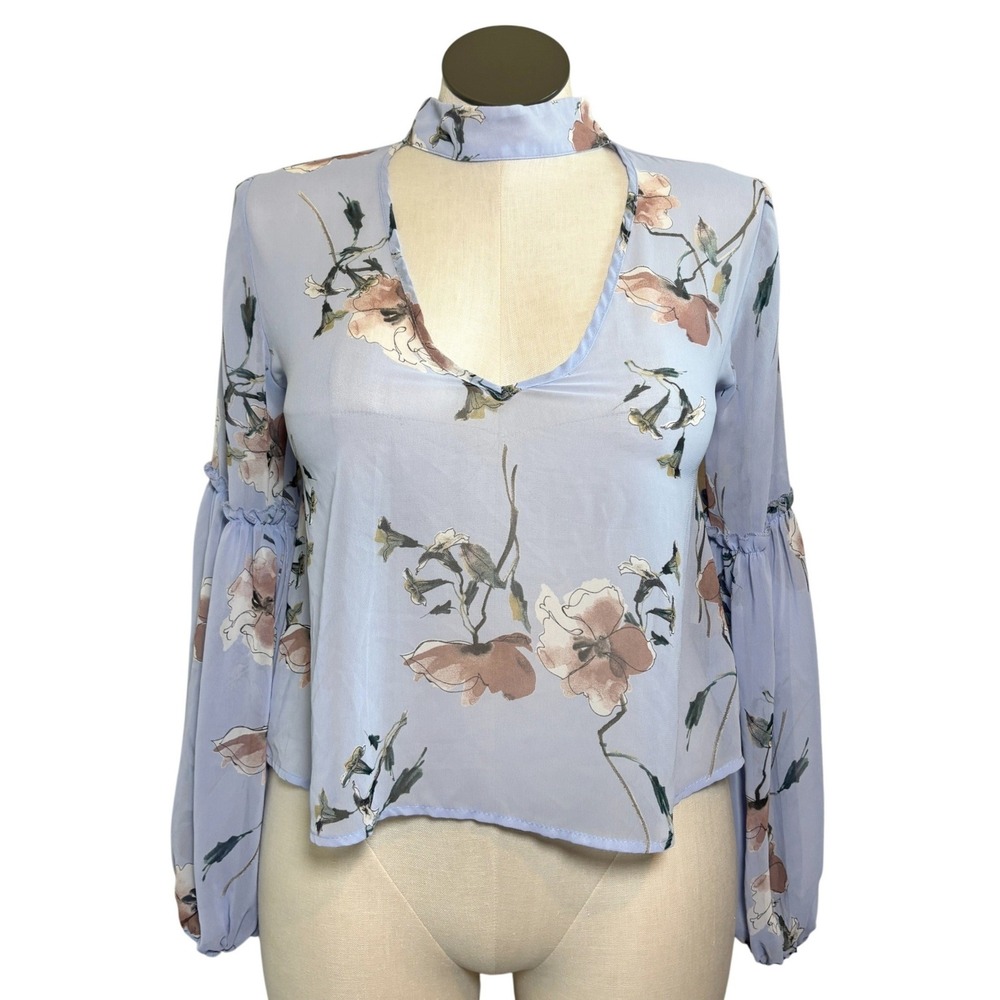 Wildflower Blue Floral Choker Neck Cutout Bell Sleeve Chiffon Sheer Blouse Small